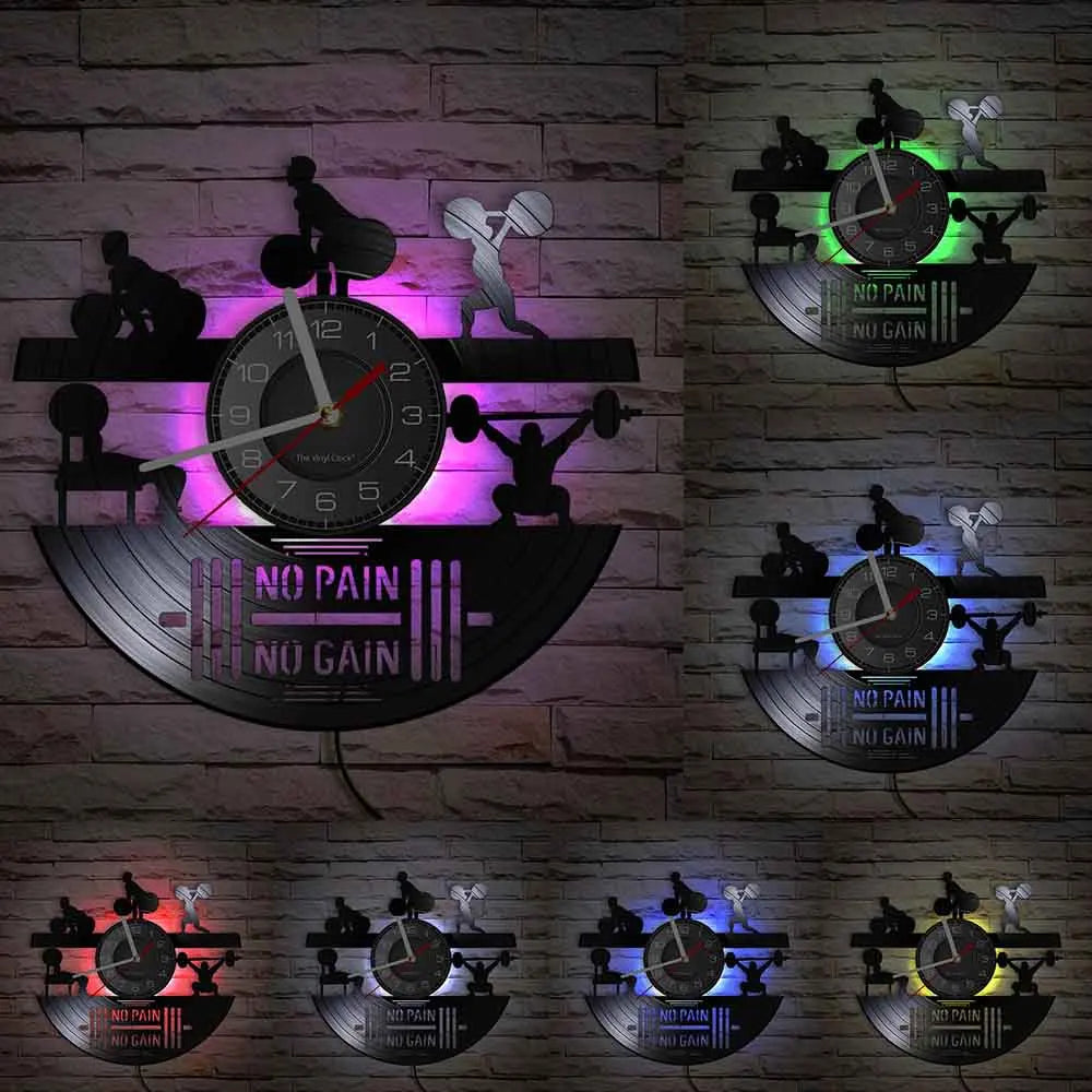 Fitness Equipment Theme Vinyl Record Fitness Wall Clock Home Decoration LED Backlight Modern Fitness Watch