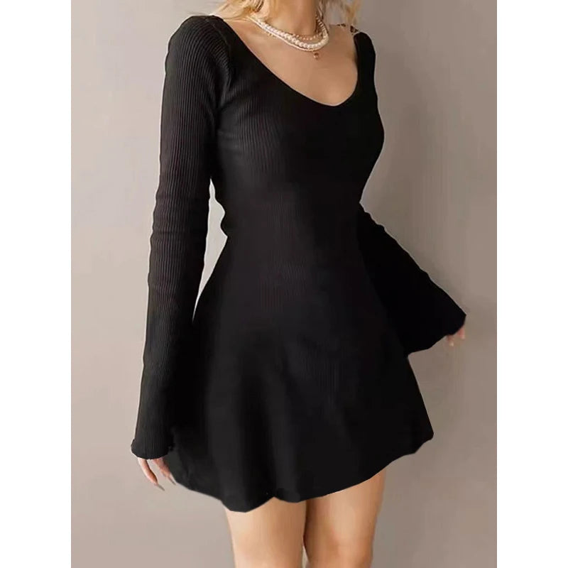 Elegant And Pretty Women Dresses Autumn Winter New Black Sexy Short Dress Female V Neck Long Sleeve Slim Solid Color Mini Dress - Sun Studio