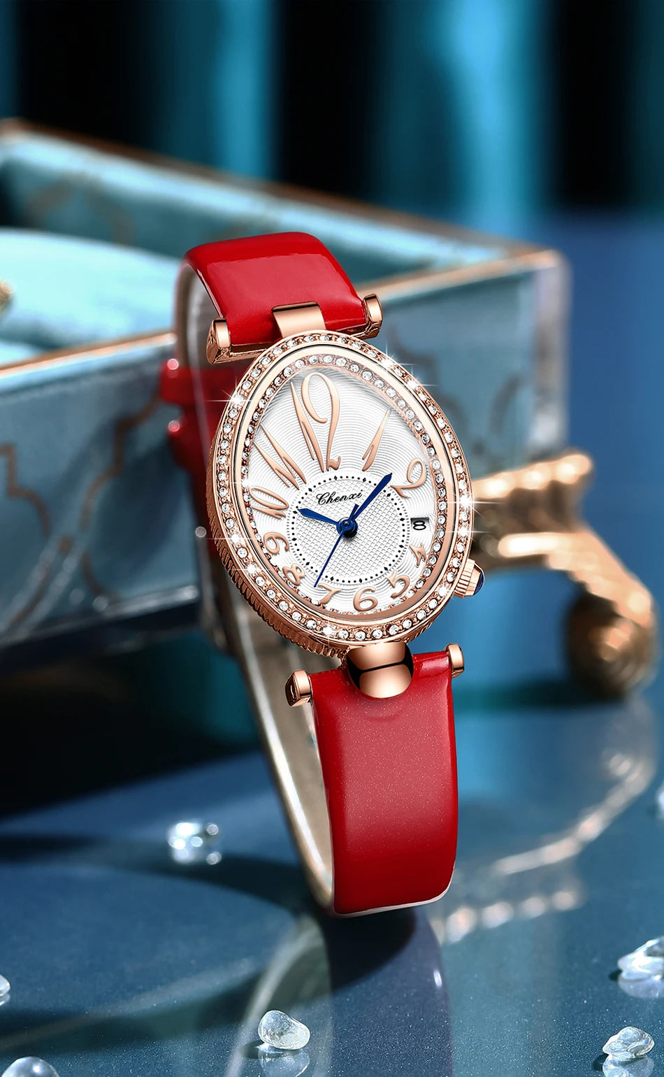 Luxury Watch For Women Diamond Waterproof Quartz Ladies Watches Fashion Elegant Oval Calendar Wristwatche Leather Strap - Sun Studio
