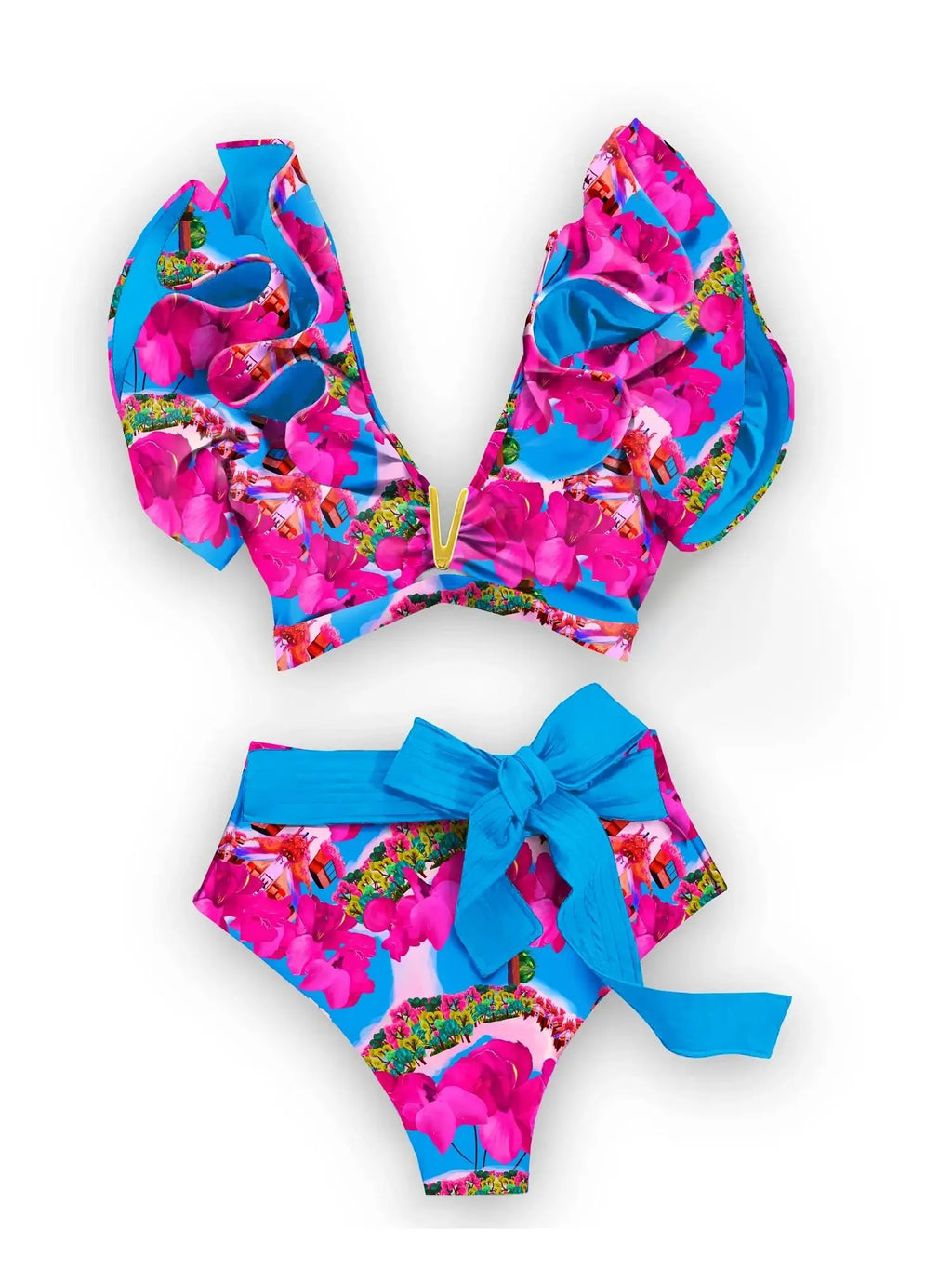 Floral Ruffled Hem Bikini Set Women Flora V-Neck High-Waisted Two Piece Swimsuit 2025 Girl Beach Bathing Suit Swimwear Biquinis - Sun Studio