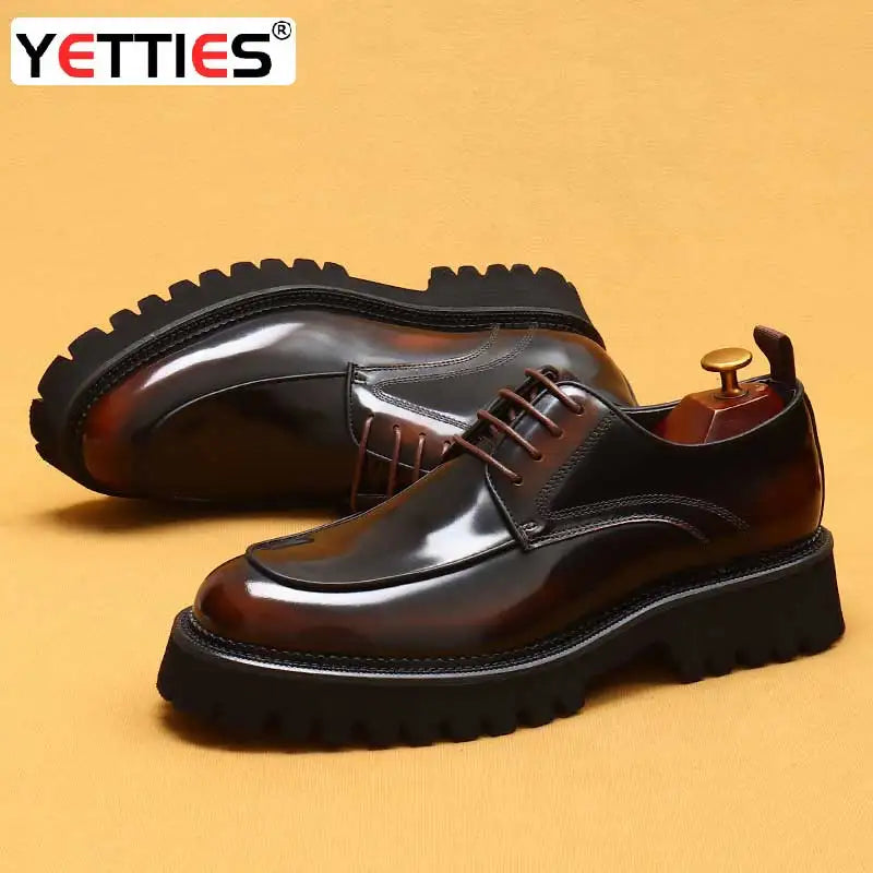 designer men's leather shoes with thick soles round toe glossy leather business dress shoes Waxed cowhide lace up British shoes - Sun Studio
