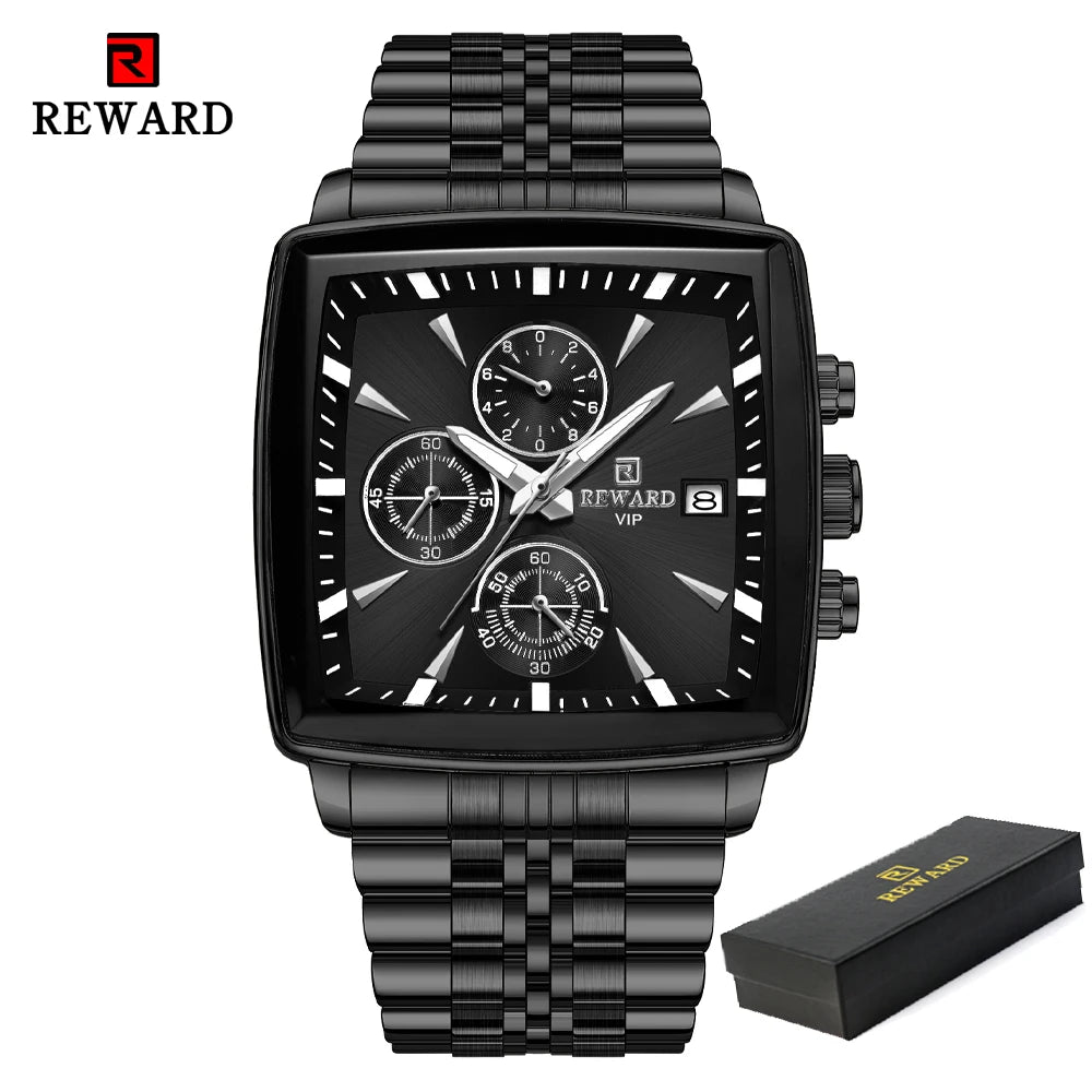 REWARD Fashion Square Dial Watch for Men Stainless Steel Waterproof Quartz Chronograph Mens Watches Luxury Sport Male Clock - Sun Studio