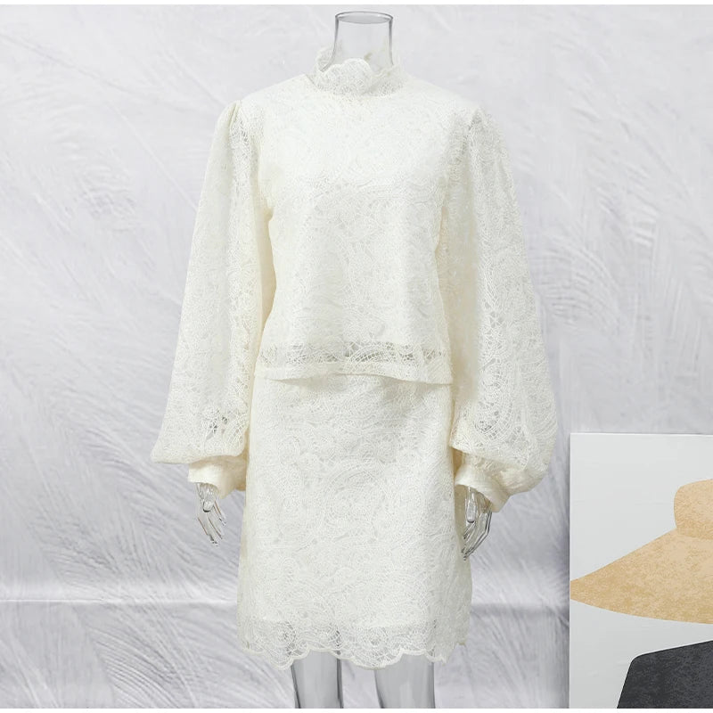 White Lace Dresses Elegant Solid Flared Sleeve High Neck Slim Pleat Mini Women Dress 2026 New Fashion Club Evening  Party Robes - Sun Studio