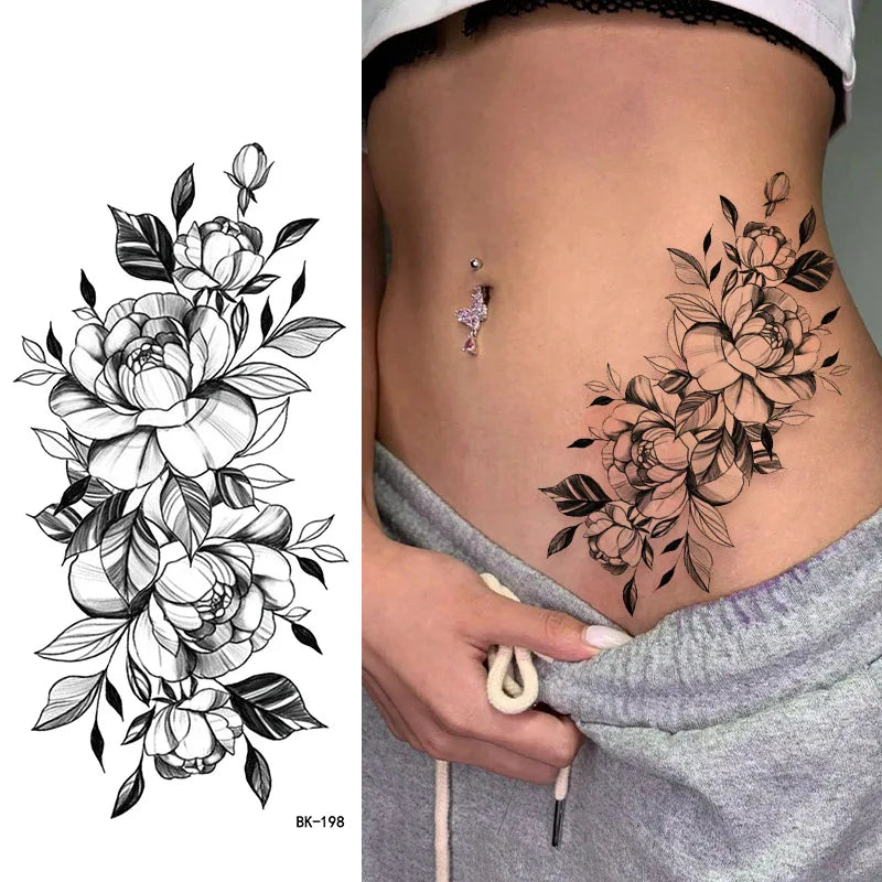 Black White Temporary Transfer Tattoos Floral Butterfly Lettering Line Art Waterproof Body Stickers for Music Festival Party