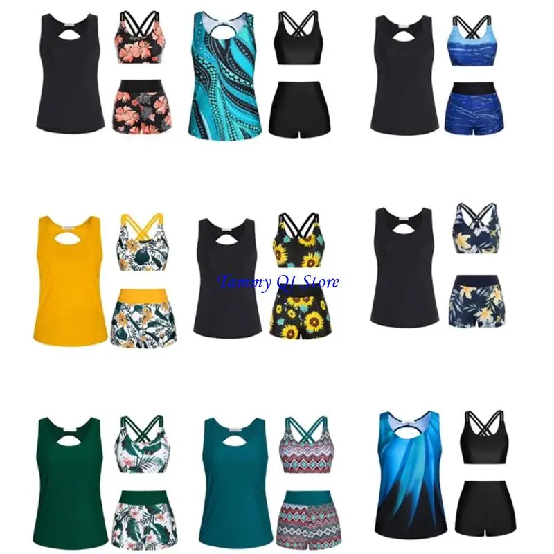 F1FD Women Flowers Print Bathing Suit 3 Pcs Split Swimwear Tankini Swimsuit Swimming Costume Set Ladies Sports Swimwear - Sun Studio