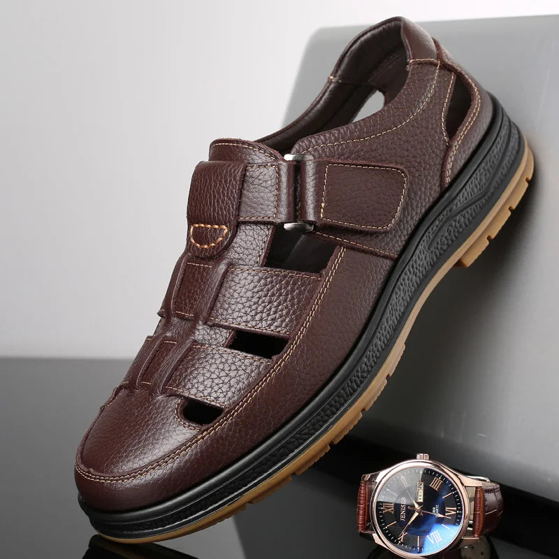 Classic High Quality Leather Business Sandals Summer Outdoor Hiking Shoes Handmade Sandals Fashion Comfortable Men Beach Shoes - Sun Studio
