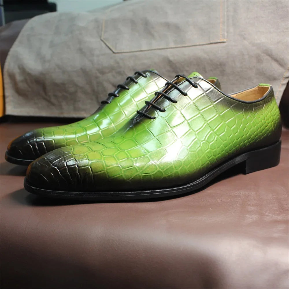 FELIX CHU Men's Genuine Cow Leather Shoes Crocodile Print Business Green Dress Shoes Formal Wedding Footwear for Spring Autumn - Sun Studio