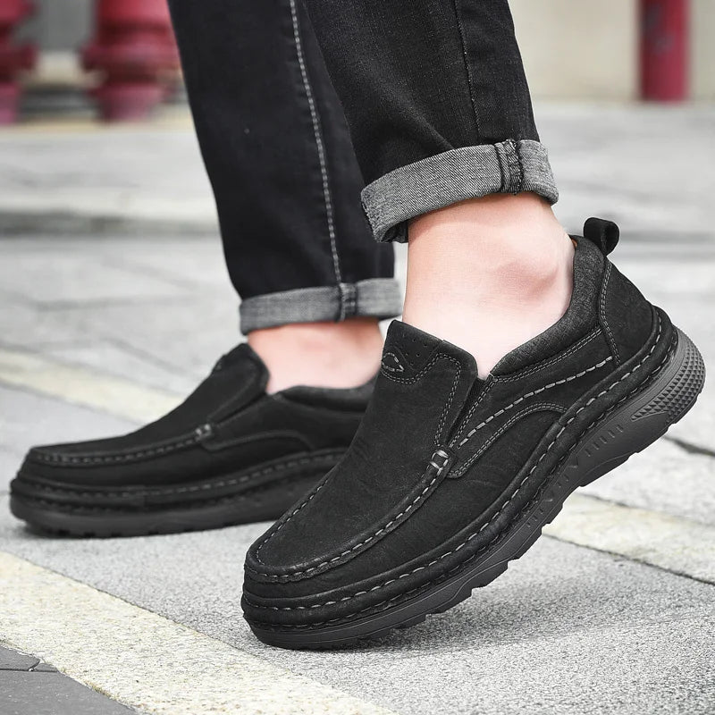 Genuine Leather Mens Loafers Anti-slip Rubber Man Casual Shoes Vintage Style Walk Shoes Slip-On Hiking Footwear Luxury Moccasins