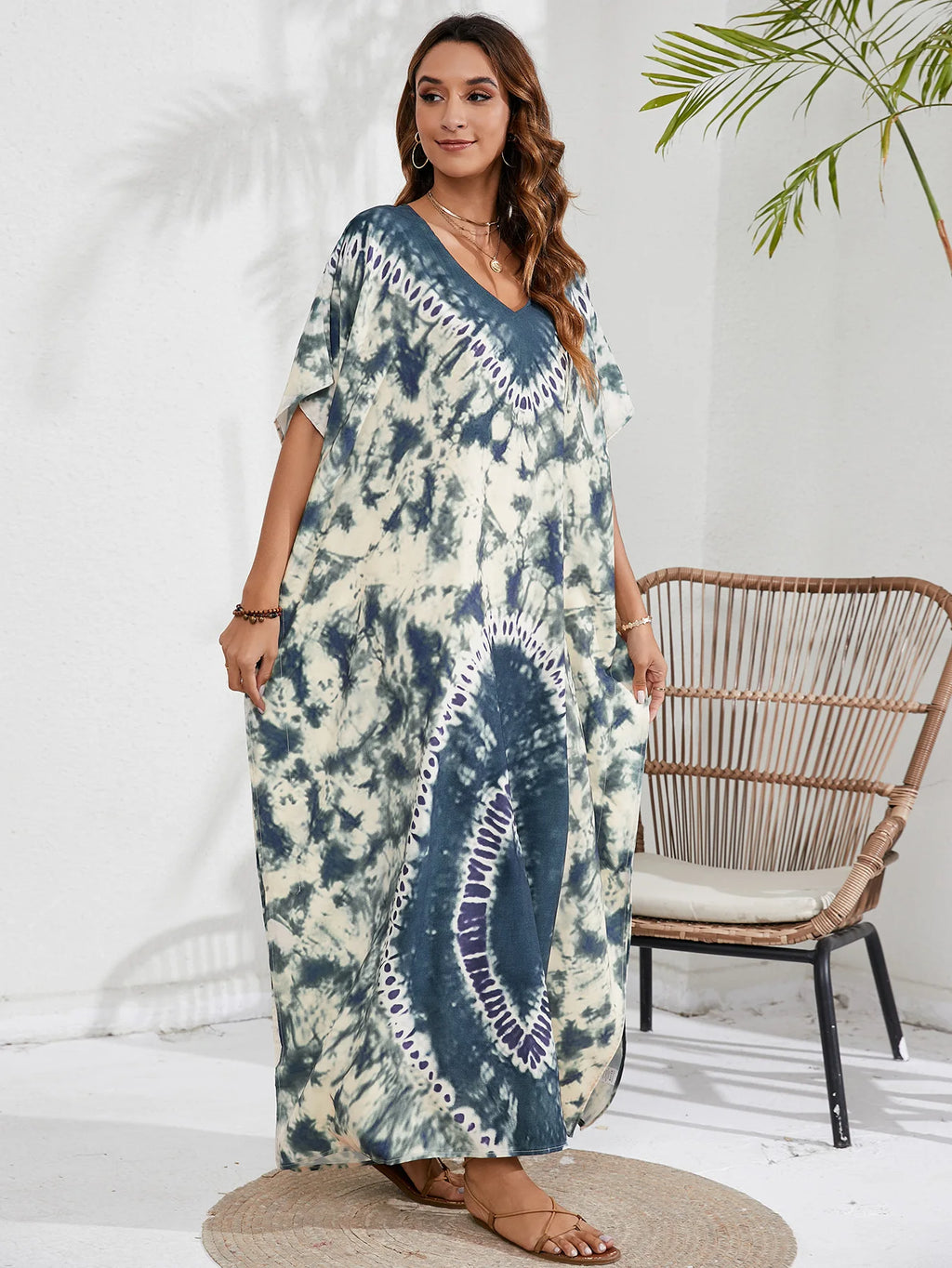 Kaftan Dresses for Women Plus Size Tie Dye Batwing Sleeve Caftans Swimsuit Coverup Maxi Dress Loungewear - Sun Studio