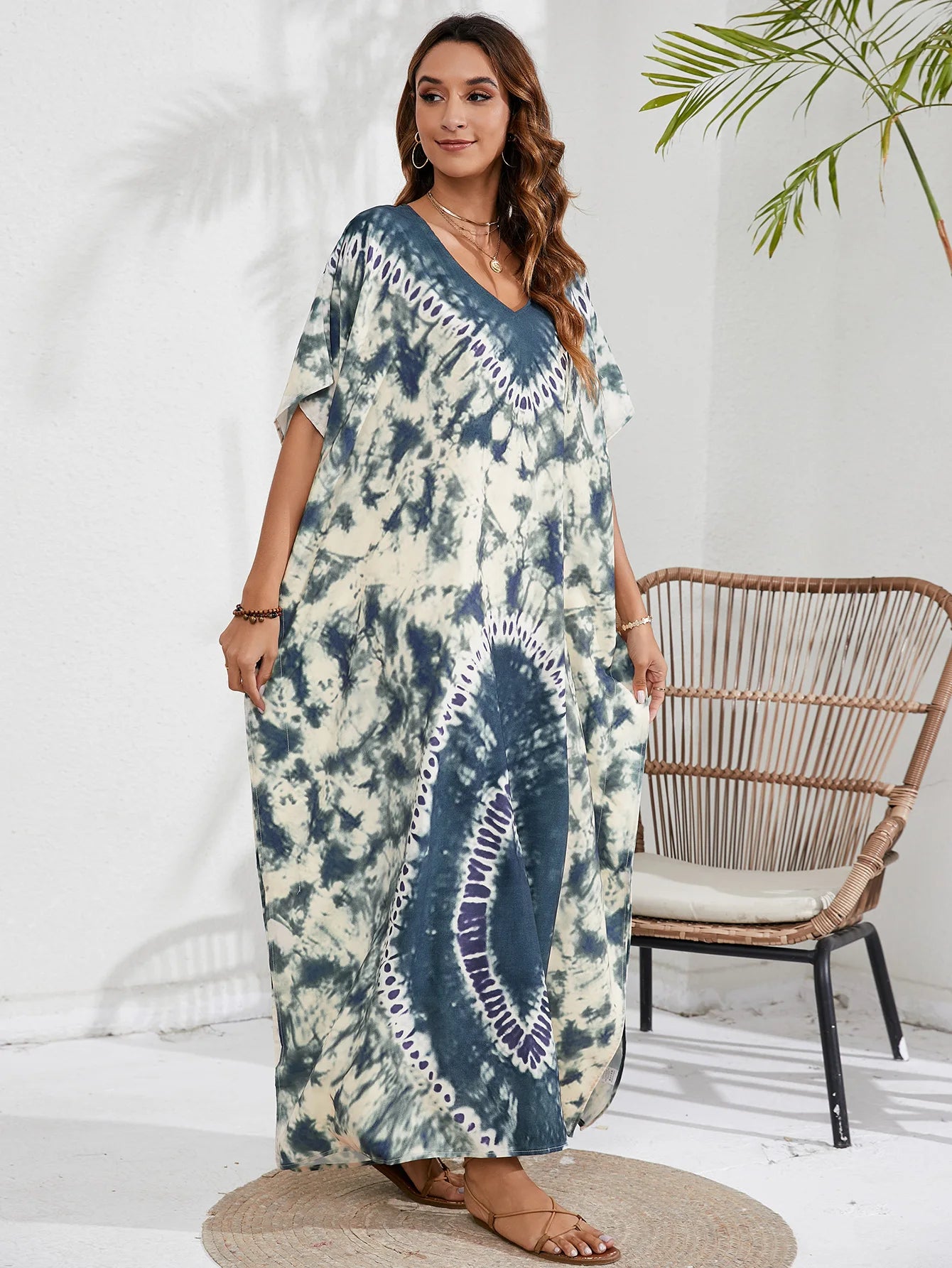 Kaftan Dresses for Women Plus Size Tie Dye Batwing Sleeve Caftans Swimsuit Coverup Maxi Dress Loungewear - Sun Studio