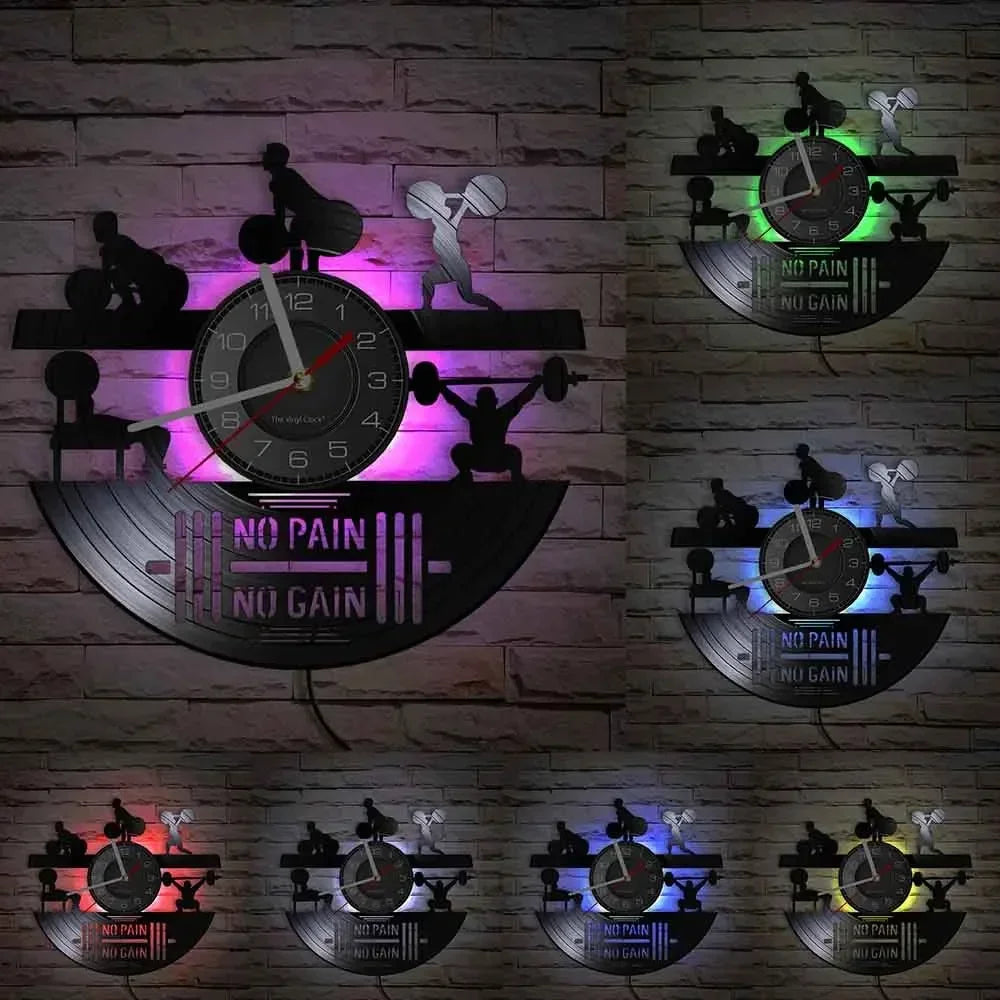 Fitness Equipment Theme Vinyl Record Fitness Wall Clock Home Decoration LED Backlight Modern Fitness Watch