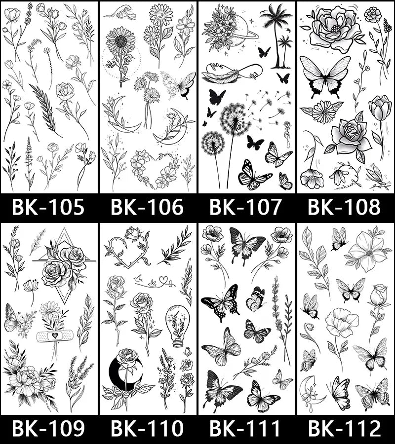 Black White Temporary Transfer Tattoos Floral Butterfly Lettering Line Art Waterproof Body Stickers for Music Festival Party - Sun Studio