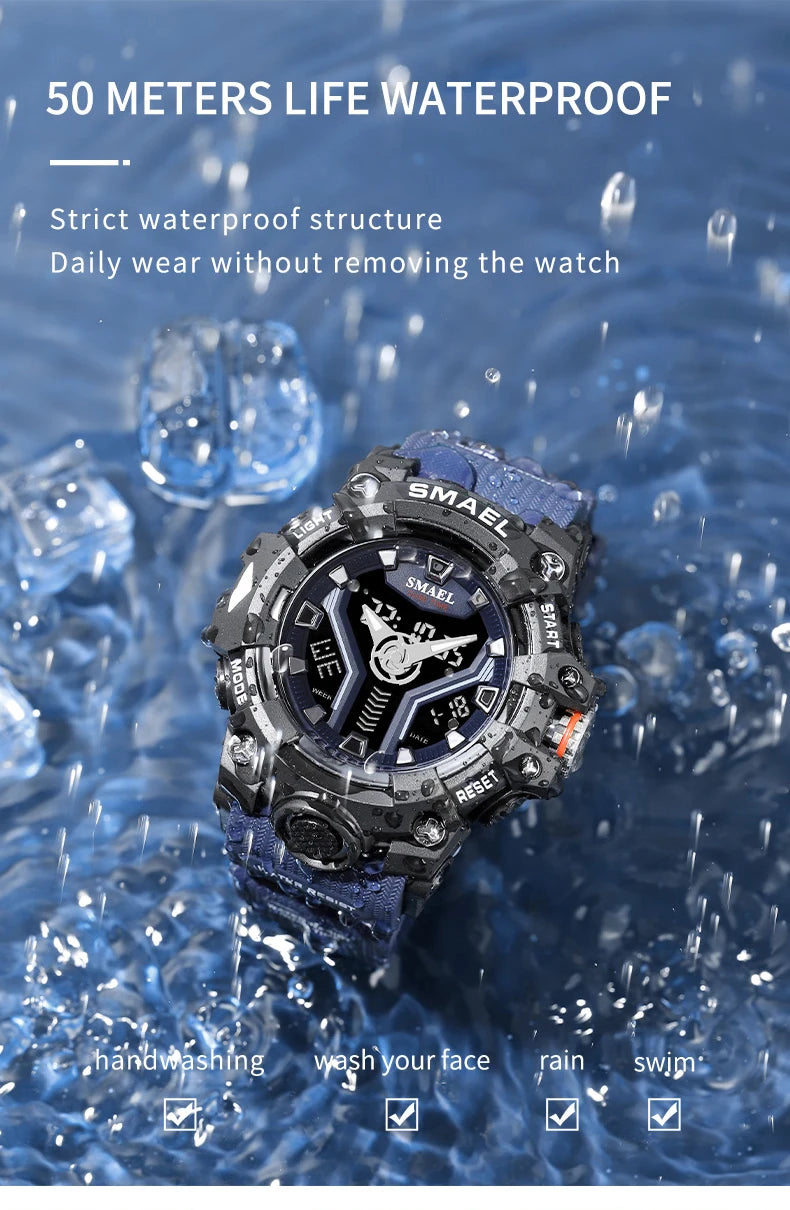 New SMAEL Sport Watch for Man Dual Time Watch for Men Shock Resistant Led Light Watch Military 8075 Quality Mens Sports Watches - Sun Studio