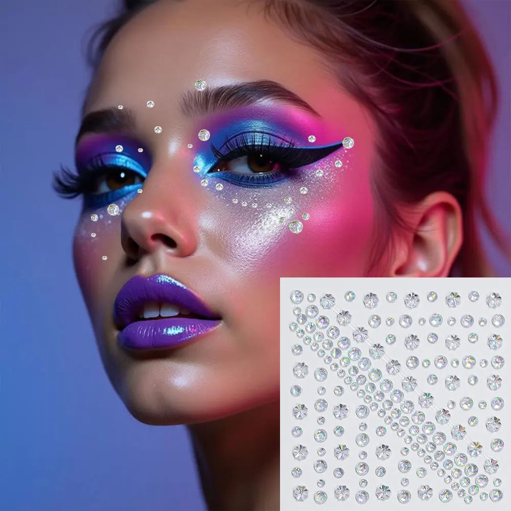 1Sheet 5D Mixed Shell Aurora Rhinestone Girl Face Stickers Hollow Star/Moon/Heart Self-Adhesive Cute Girl Make Up Diamond Decal - Sun Studio