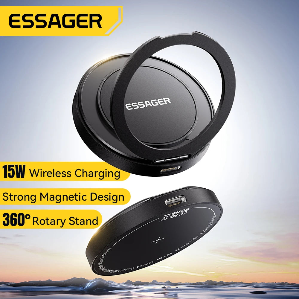 Essager Magnetic Wireless Charger With Holder 15W Fast Charging For iPhone17 16 15 14Pro Max Airpods Mini Wireless Phone Charger - Sun Studio