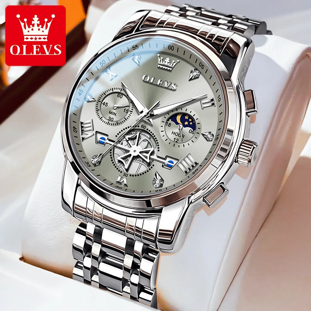 OLEVS Men's Watches Classic Multifunctional Flywheel Design Stainless steel Waterproof Moon Phase Men's Wristwatches 2024 Trend - Sun Studio