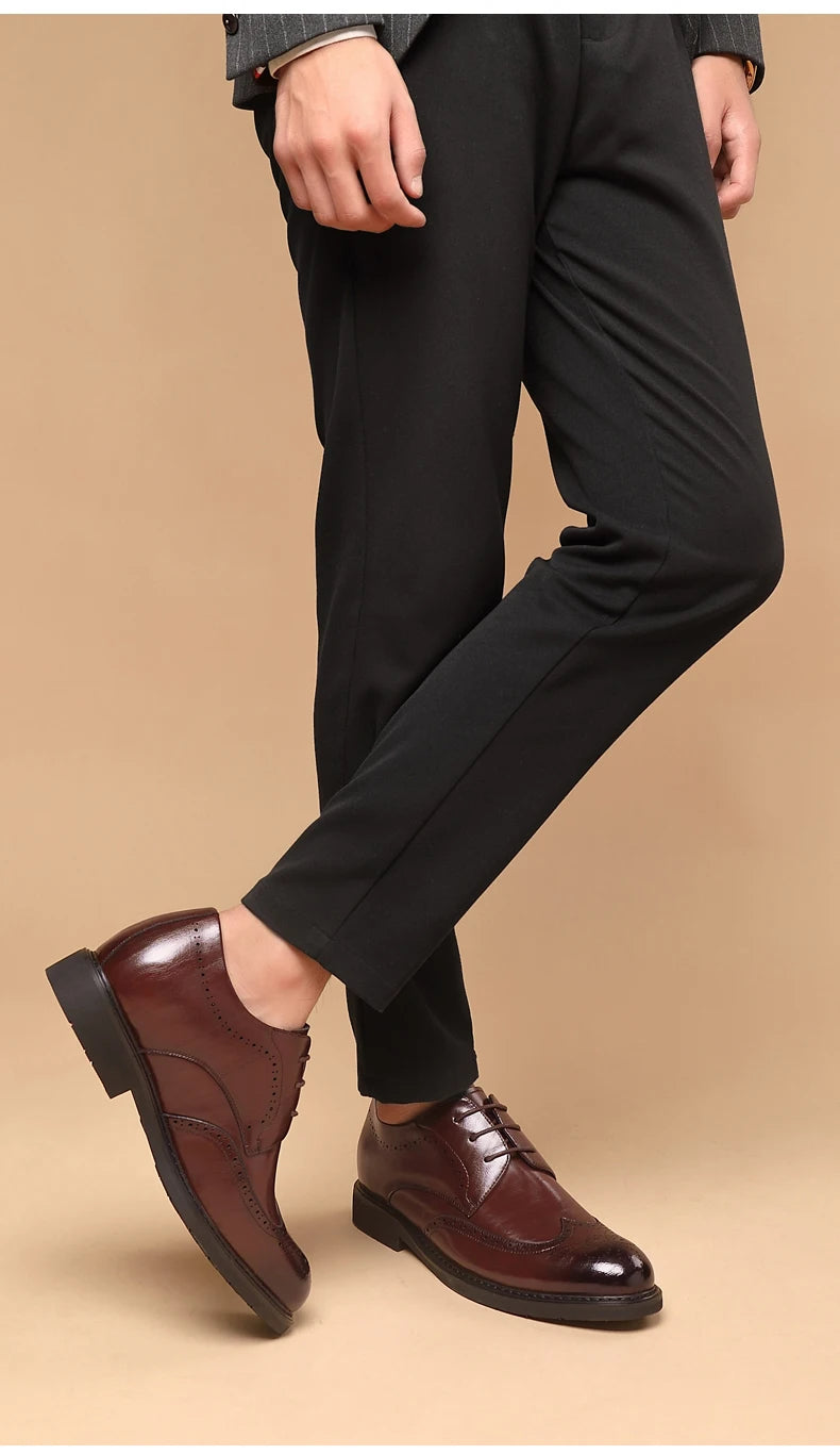Men's Dress Brogues Elevator Shoes Platform Breathable Casual Business Luxury Genuine Leather Heightening Shoes 6 8CM Taller Man - Sun Studio