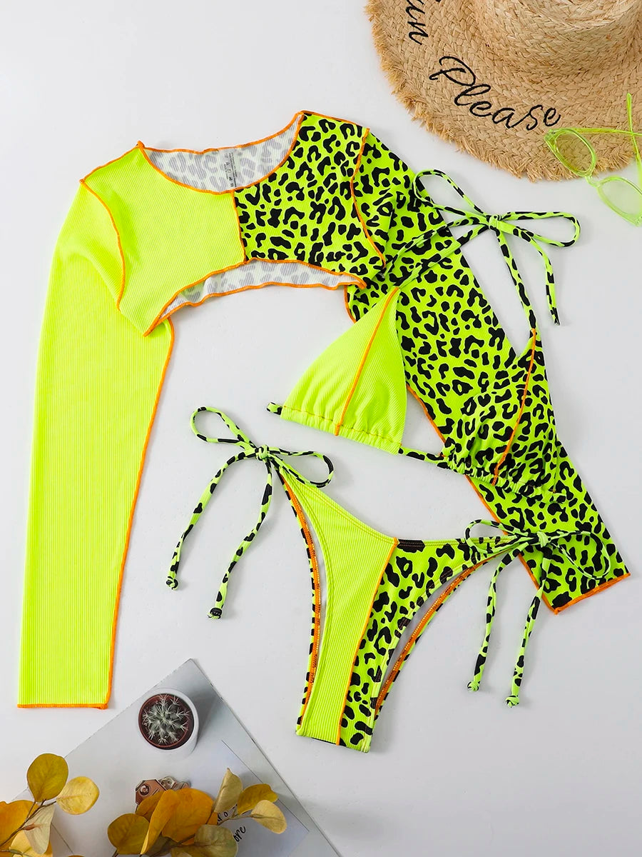 Leopard Halter Triangle Bikini 2026 Women Long Sleeve Swimsuit Sexy Swimwear Female Bathers Bathing Suit Swimming Beachwear - Sun Studio