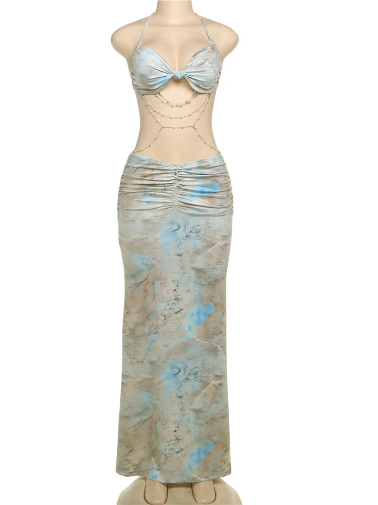 kliou Pearl Splice Stunning Dresses Women Sexy Tie Dye Tassel Bandage Hollow Shirring Maxi Bodycon Lady Vacation Party Vestidos - Sun Studio
