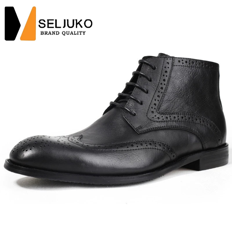 British Brock Carved Leather Boots Retro Business Formal Leather Shoes Fashion Men's Boots Cowhide Men's Short Boots - Sun Studio