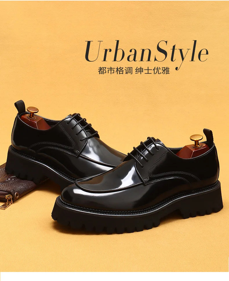 designer men's leather shoes with thick soles round toe glossy leather business dress shoes Waxed cowhide lace up British shoes - Sun Studio