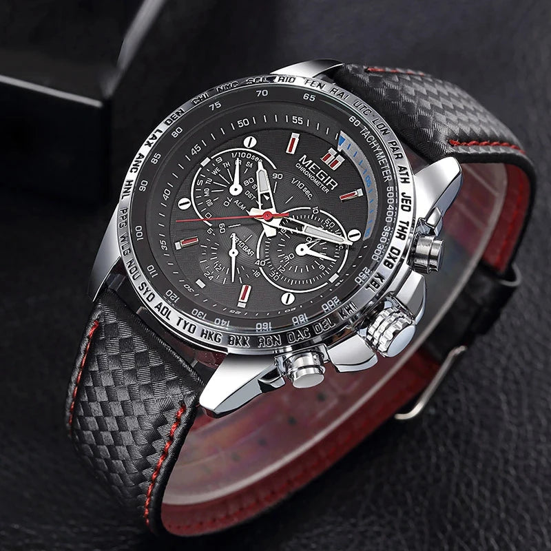 MEGIR Fashion Man's Quartz Analog Wristwatch Brand Waterproof Luxury Leather Watches for Men Casual Black Watch Male 1010 - Sun Studio