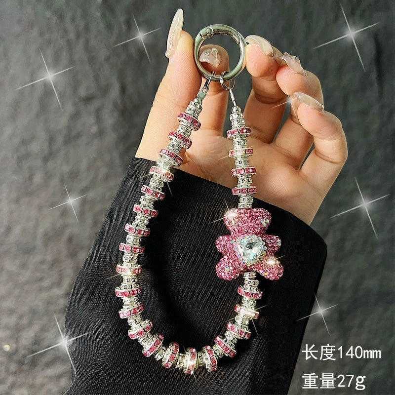Rhinestone Bow phone wrist strap Luxury Crystal Bead Key Chains Charm Lanyard for Iphone cell phone strap glitter Jewelry Gift - Sun Studio