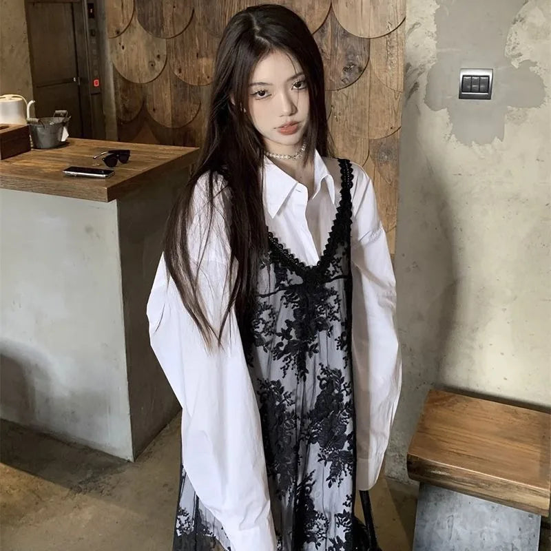 Solid Dresses Women Summer Girls Embroidery Lace Designed Korean Style Layering Streetwear Prevalent Attractive Leisure Trendy - Sun Studio