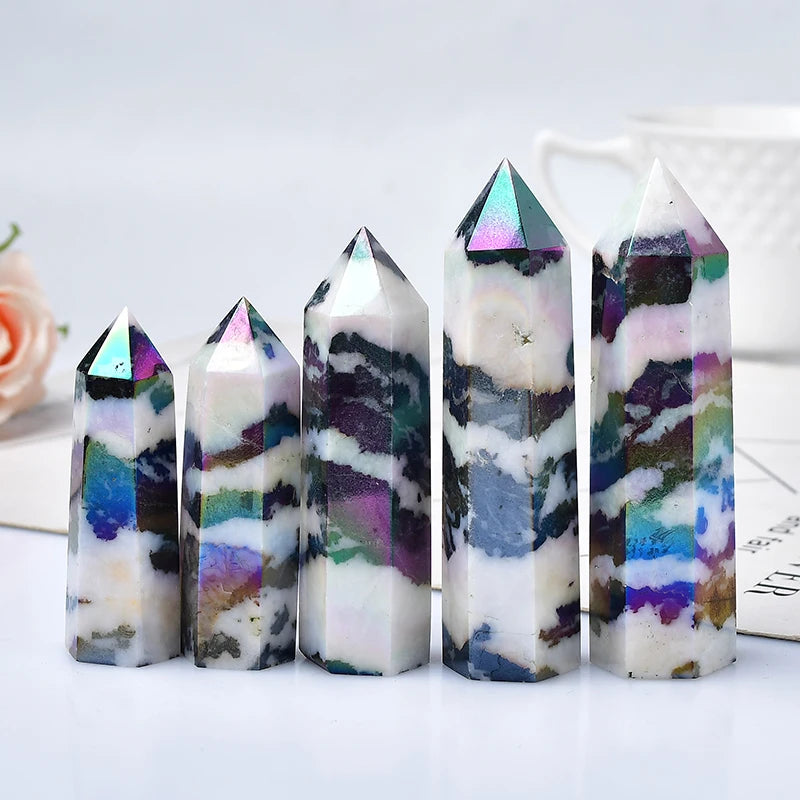 Natural Aura Stone Crystal Point Healing Obelisk Black and White Zebra Quartz Wand Beautiful Ornament for Home Decor Pyramid - Sun Studio