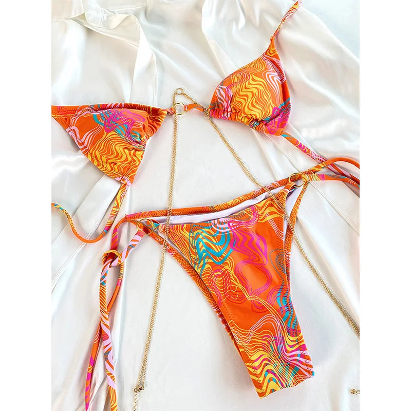 Sexy Triangle Chains Bikini Sets Micro Thongs Swimsuit Women Bathing Suit Biquini Bandage Beachwear Print Swimwear Thong Bikini - Sun Studio