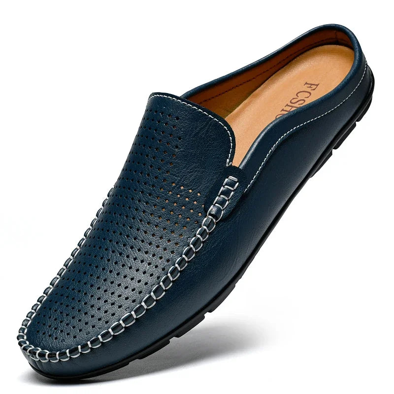 Half Shoes for Men Summer Mens Mules Perforated Leather Slippers Casual Slip-ons Loafers Flats Black Brown - Sun Studio