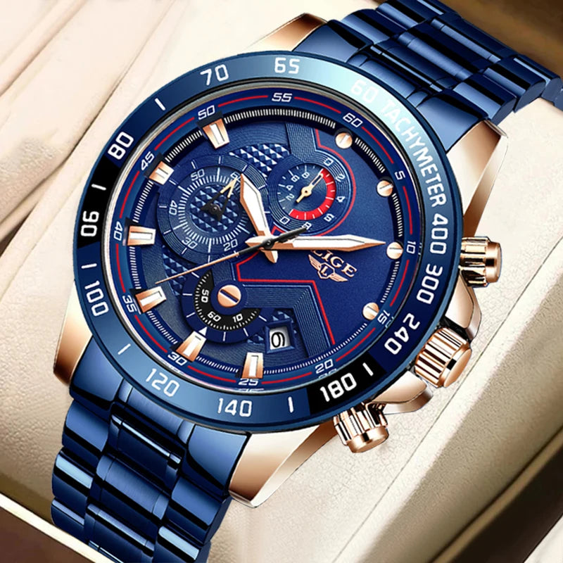 LIGE Business Men Watch Luxury Brand Stainless Steel Wrist Watch Chronograph Army Military Quartz Watches Relogio Masculino+BOX - Sun Studio