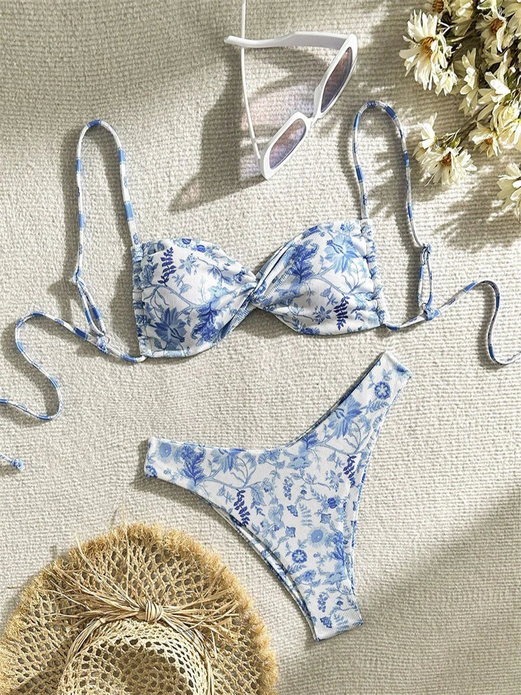 Circyy Printed Swimsuit Women Backless Lace Up Beachwear Fashion Hot Spring Swimwear Summer New Two-piece Sexy Split Swimsuit - Sun Studio