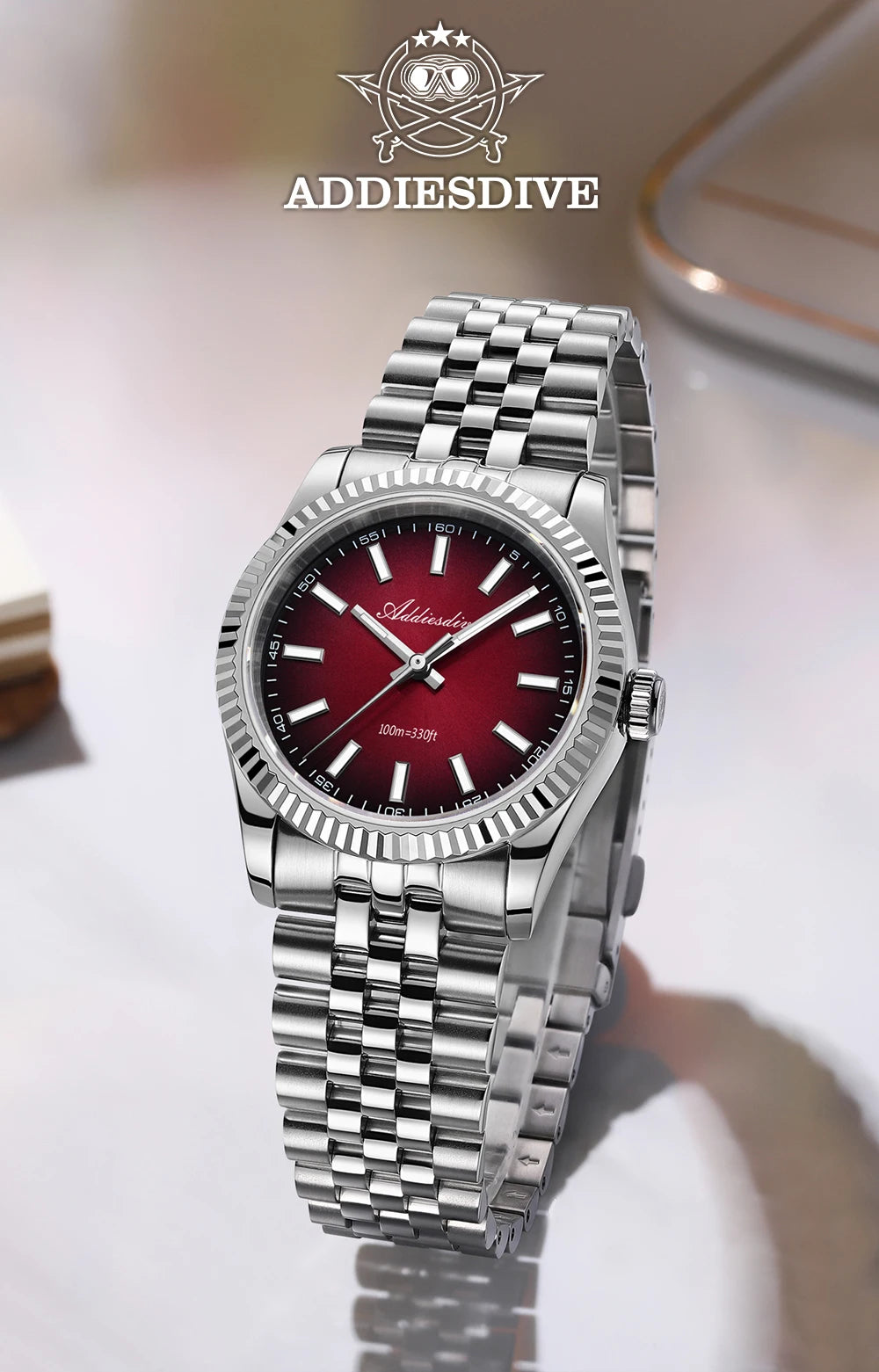 ADDIESDIVE AD2073 Men's Business Watch Sapphire Glass Stainless Steel Quartz Wristwatches Gradient Red Dial Watches Reloj Hombre - Sun Studio
