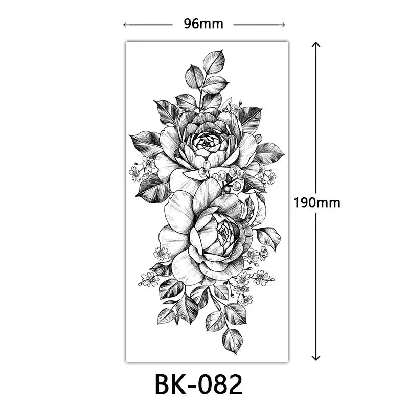 Rose Blossom Tattoo Temporary Waterproof Butterfly Fake Tattoo for Woman Black Flower Sketch Tattoo Sticker