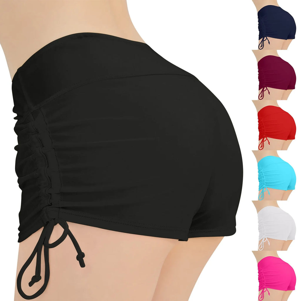 Women'S Summer Swimwear Briefs Solid Colored Boxer Beach Shorts High Waist Side Adjustable Drawstring Elastic Sports Swimsuit - Sun Studio