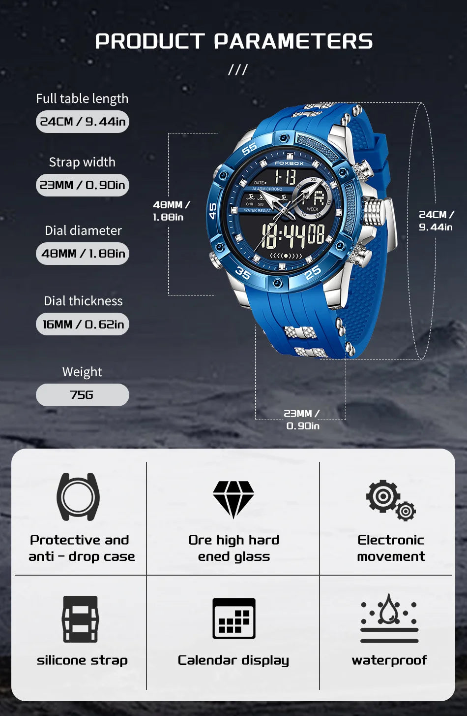 FOXBOX LED Dual Display Quartz Watch Soft Silicone Waterproof Luminous Digital Date Mens Watches Fashion Chronograph Man Watch - Sun Studio