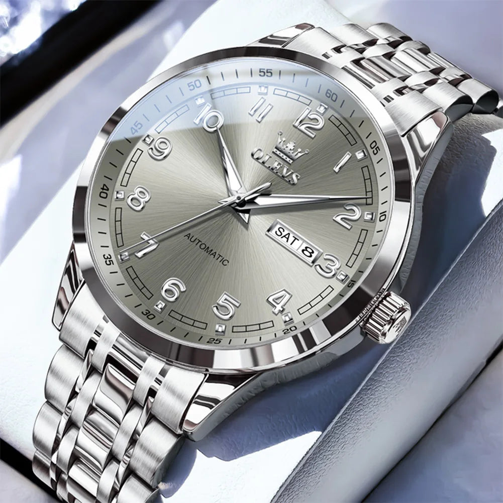 OLEVS Men Watches 7077 Luxury Fashion Top Brand Original Automatic Mechanical Watch for Man Double Scale Simple Trend Waterproof - Sun Studio