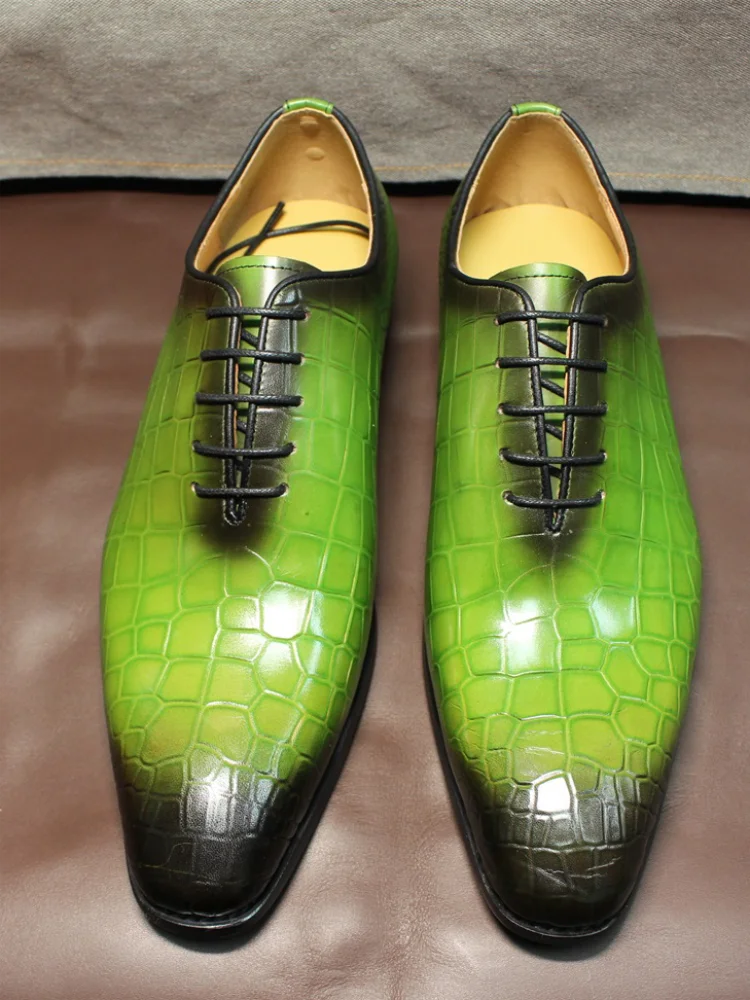FELIX CHU Men's Genuine Cow Leather Shoes Crocodile Print Business Green Dress Shoes Formal Wedding Footwear for Spring Autumn - Sun Studio