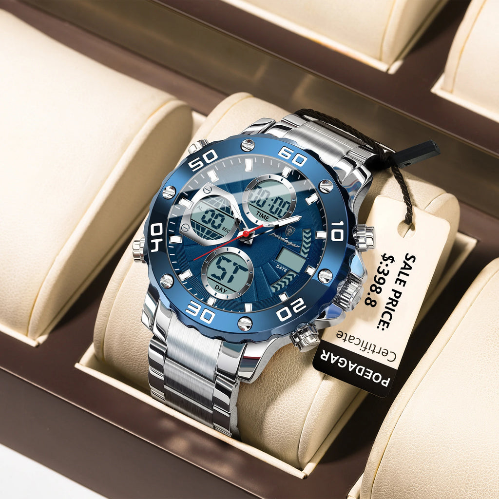 POEDAGAR Military Men's Quartz Wristwatch LED Alarm Dual Display Men Watch Electronic Waterproof Outdoor Sports Watches for Men - Sun Studio