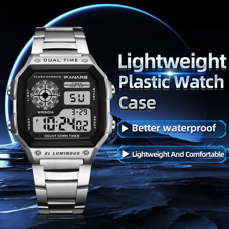 PANARS Top Luxury Stainless Steel Strap Sport Watches Mens Waterproof Back Light Digital Wristwatch Male Alarm - Sun Studio