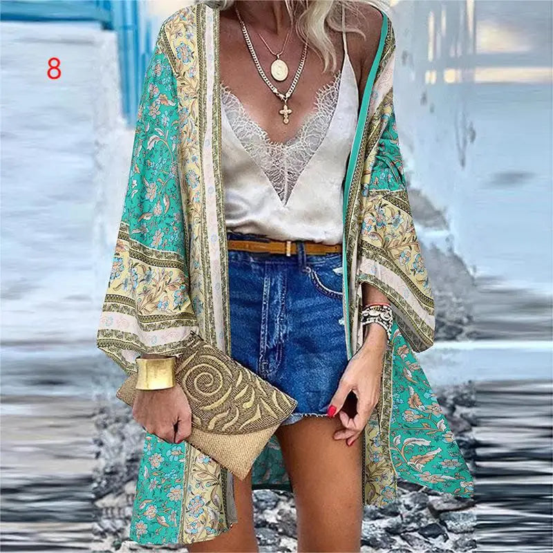 WeHello 2023 Summer Bohemian Casual Cloak Cardigan for Swimsuit woman Beach Swimwear Tops Long Sleeved Shawl Chiffon Shirt - Sun Studio