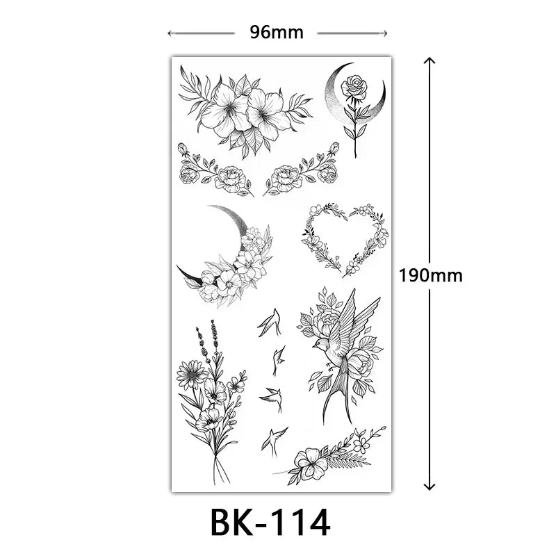 Rose Blossom Tattoo Temporary Waterproof Butterfly Fake Tattoo for Woman Black Flower Sketch Tattoo Sticker