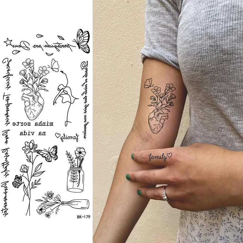 Black White Temporary Transfer Tattoos Floral Butterfly Lettering Line Art Waterproof Body Stickers for Music Festival Party