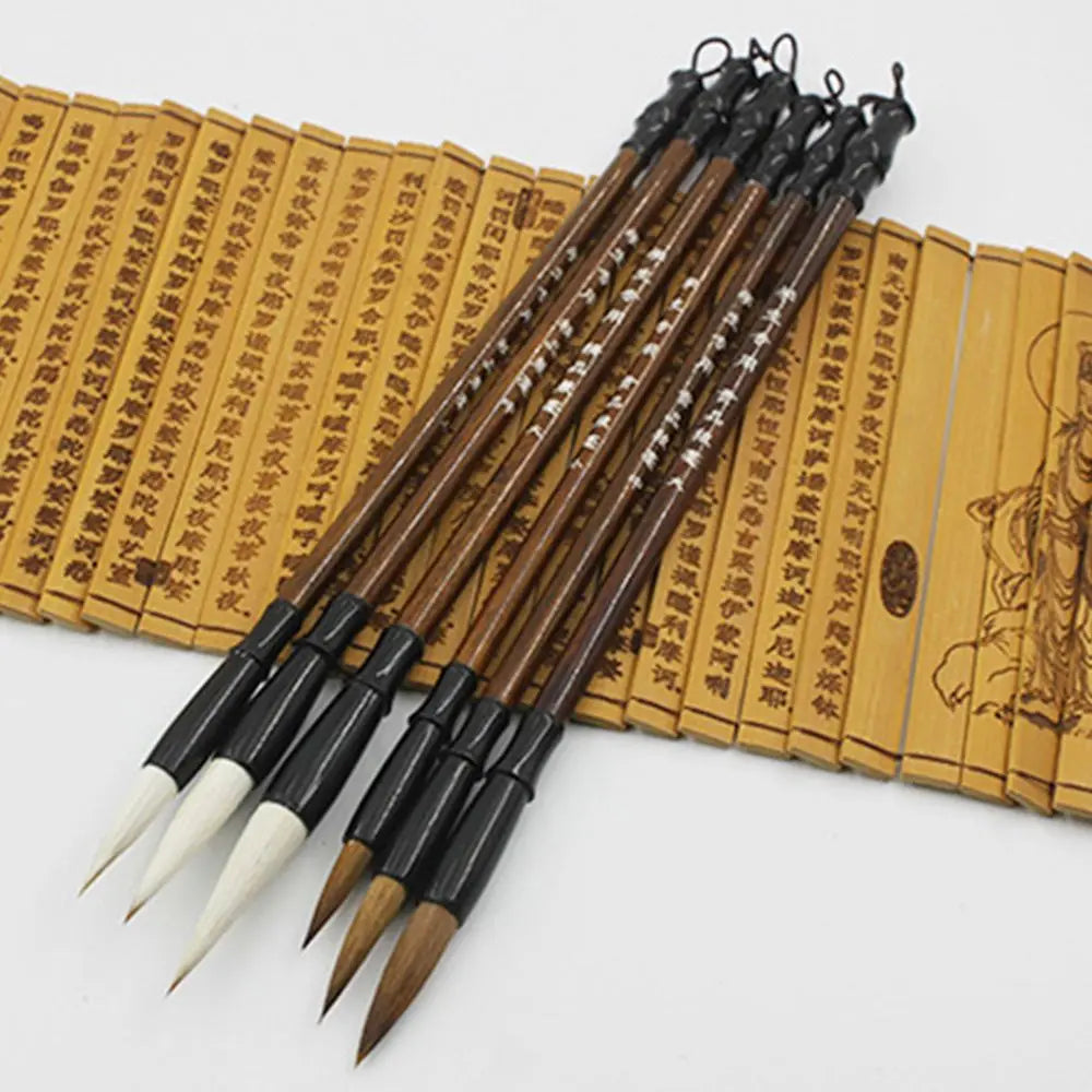 6pcs/set White Woolen Student Chinese Calligraphy Brush Pen Writing Brush Brown Weasel Hair - Sun Studio