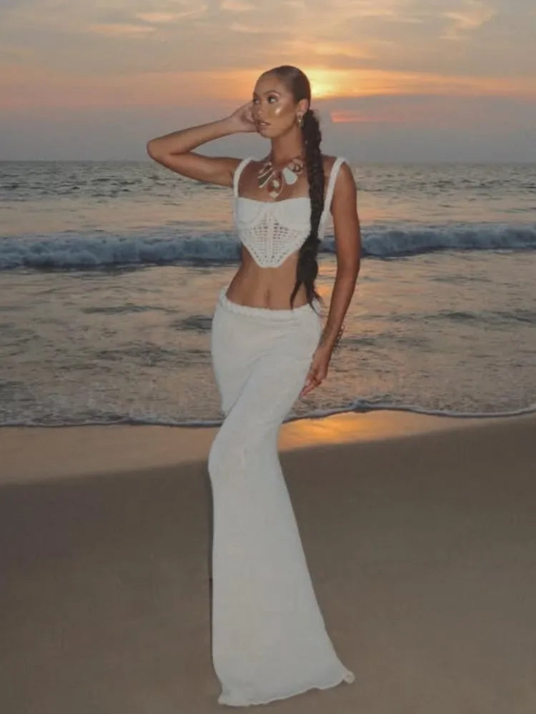 Halter Knitted Vest Bikini Top Split Fishtail Skirt Set Crochet Hollow Out Beach Swimsuit Sexy Backless Suspender Long Skirts - Sun Studio