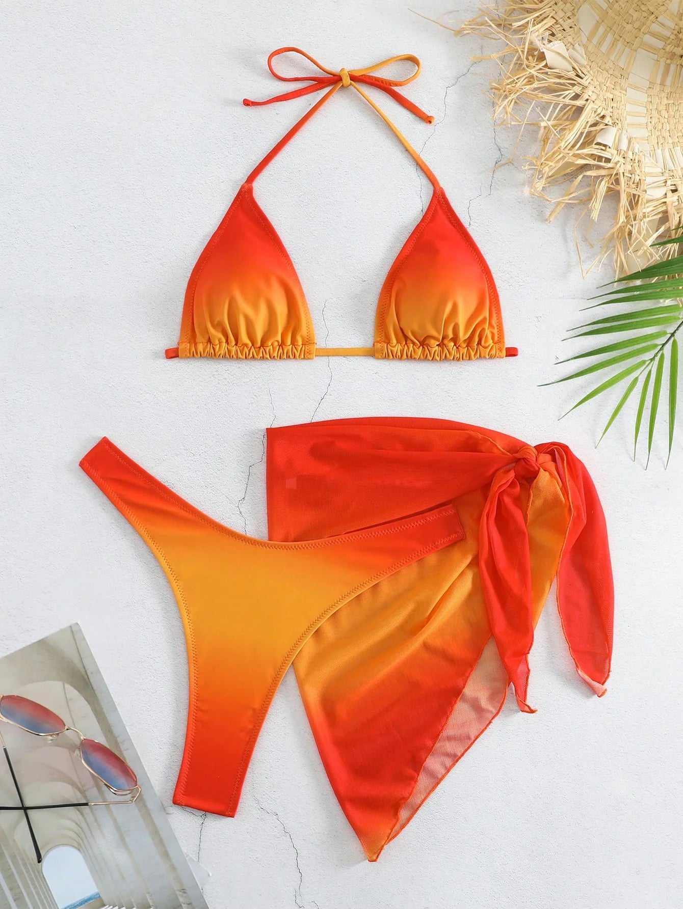 Sexy Brown Gradient Bikini 2024 Swimwear Women Halter Push Up Bra Mesh Skirt 3 Piece Swimsuit Bathing Suit Cover Up Bikinis Sets - Sun Studio