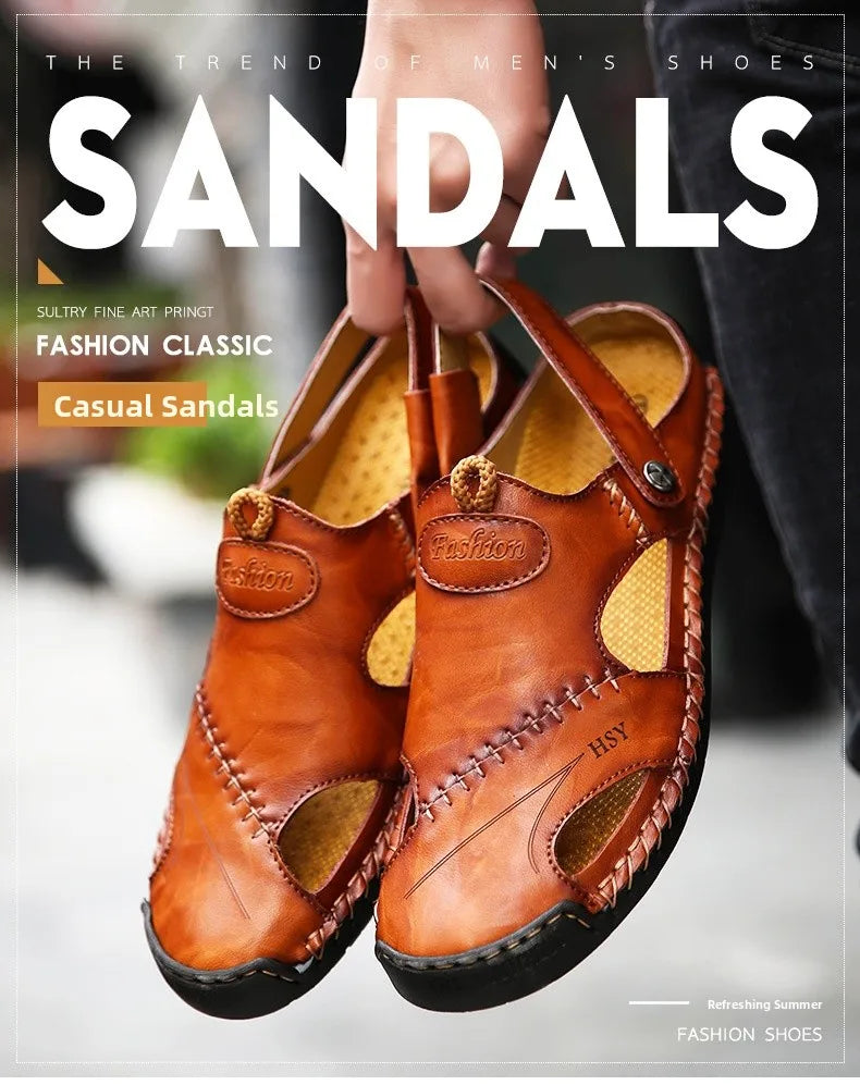Large Size Men's Sandals Casual Leather Beach Shoes Breathable Slip-On Durable Stitched Construction Comfortable Walking Sandals - Sun Studio