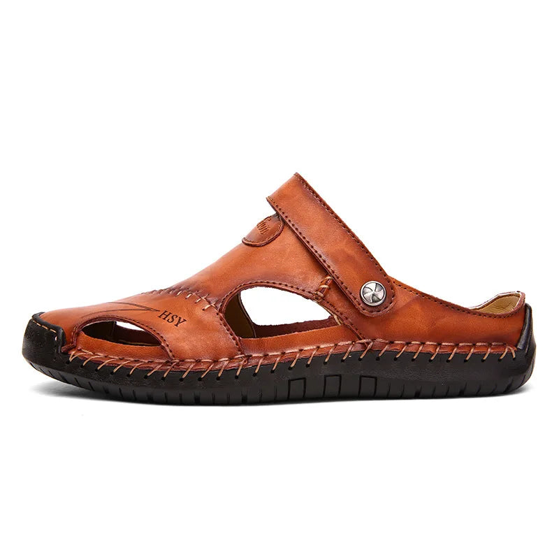 Large Size Men's Sandals Casual Leather Beach Shoes Breathable Slip-On Durable Stitched Construction Comfortable Walking Sandals - Sun Studio