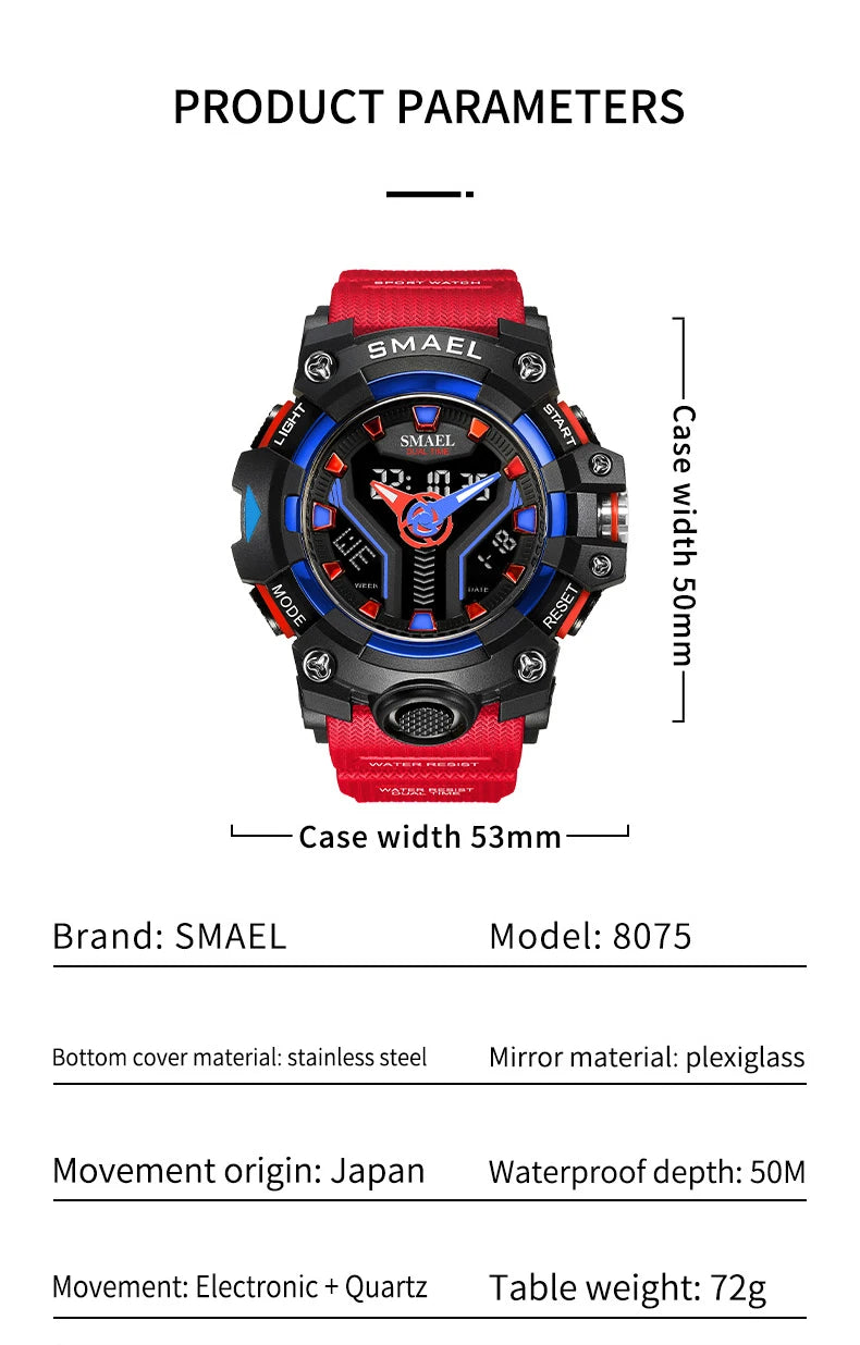 New SMAEL Sport Watch for Man Dual Time Watch for Men Shock Resistant Led Light Watch Military 8075 Quality Mens Sports Watches - Sun Studio
